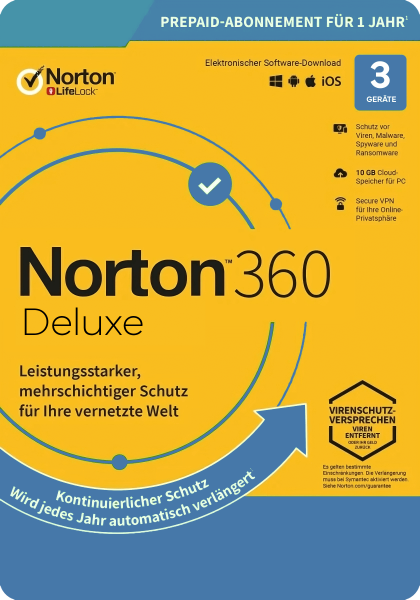Norton 360 Deluxe, 25 GB Cloud-Backup, 3 Geräte 1 Jahr KEIN ABO
